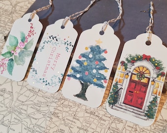 Hand-painted watercolour Christmas present tags or tree decorations print (set of 4)