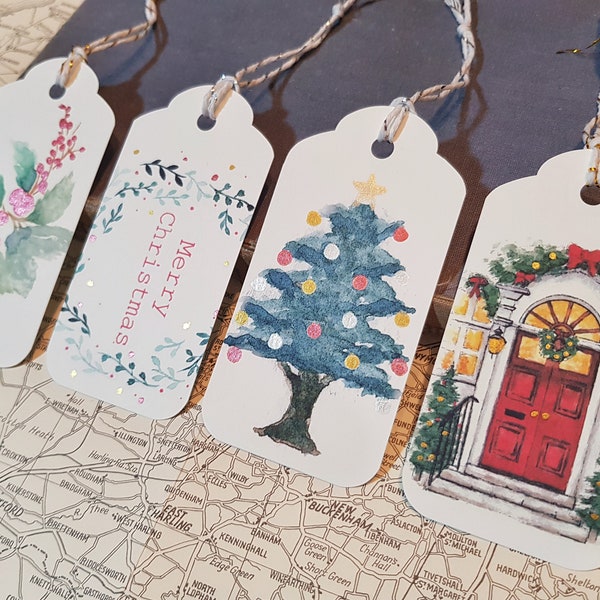 Hand-painted watercolour Christmas present tags or tree decorations print (set of 4)