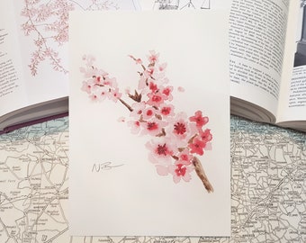 Hand-painted watercolour cherry blossom branch print