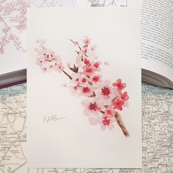 Hand-painted watercolour cherry blossom branch print