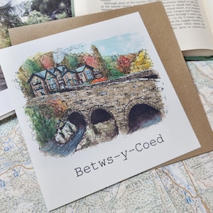 Carte de voeux aquarelle peinte à la main, impression pont Pont-y-Pair entre hommes et femmes