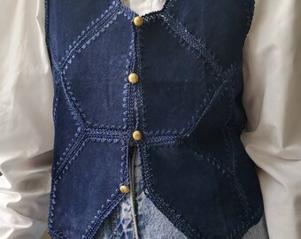 Vintage Suede blue patchwork vest/1980/1970s /Festival vest//hippi/boho vest/M