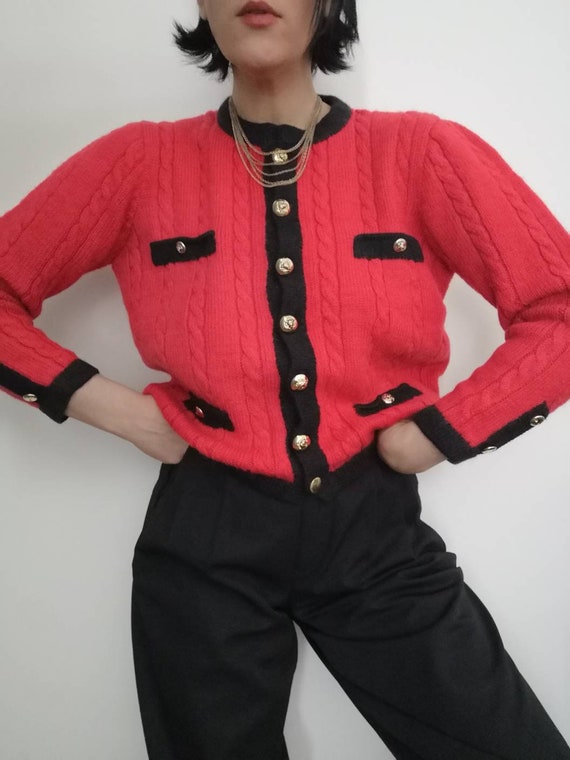 Vintage cable-knit red cardigan/Chanel style red b