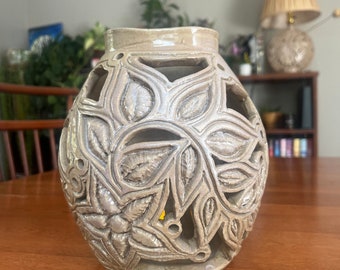 Beautiful Ceramic Lantern, Hand Carved Lamp, Candle Holder, Interior Decor