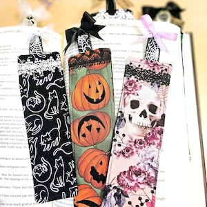 Halloween Fabric Bookmark, Spooky Cute Bookmark with Bow, Skulls Pumpkins Ghosts, Whimsigoth Bookmark, Gift for Reader