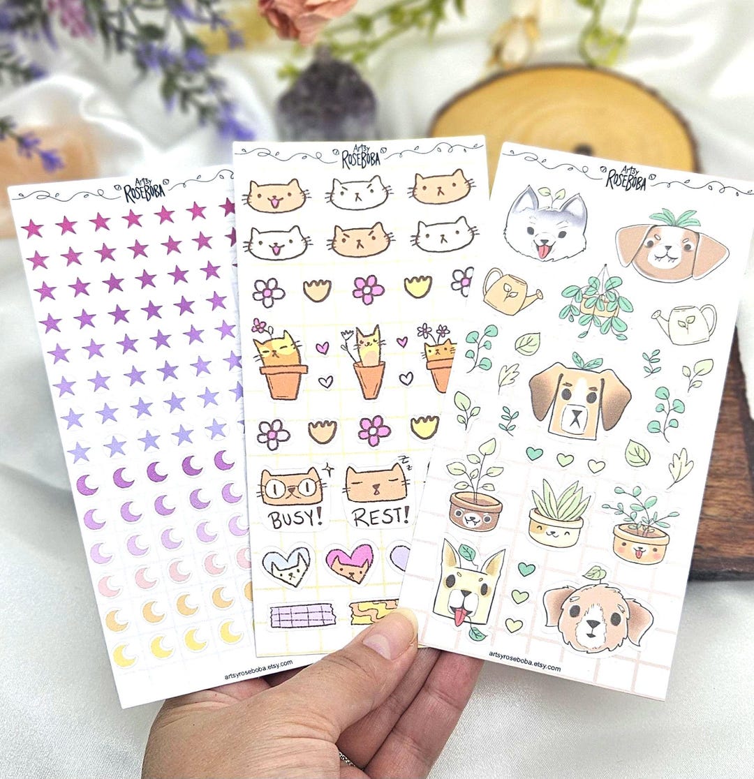 Cute Sticker Sheets | Kawaii Planner Stickers | Moon & Star, Cat, Dog ...