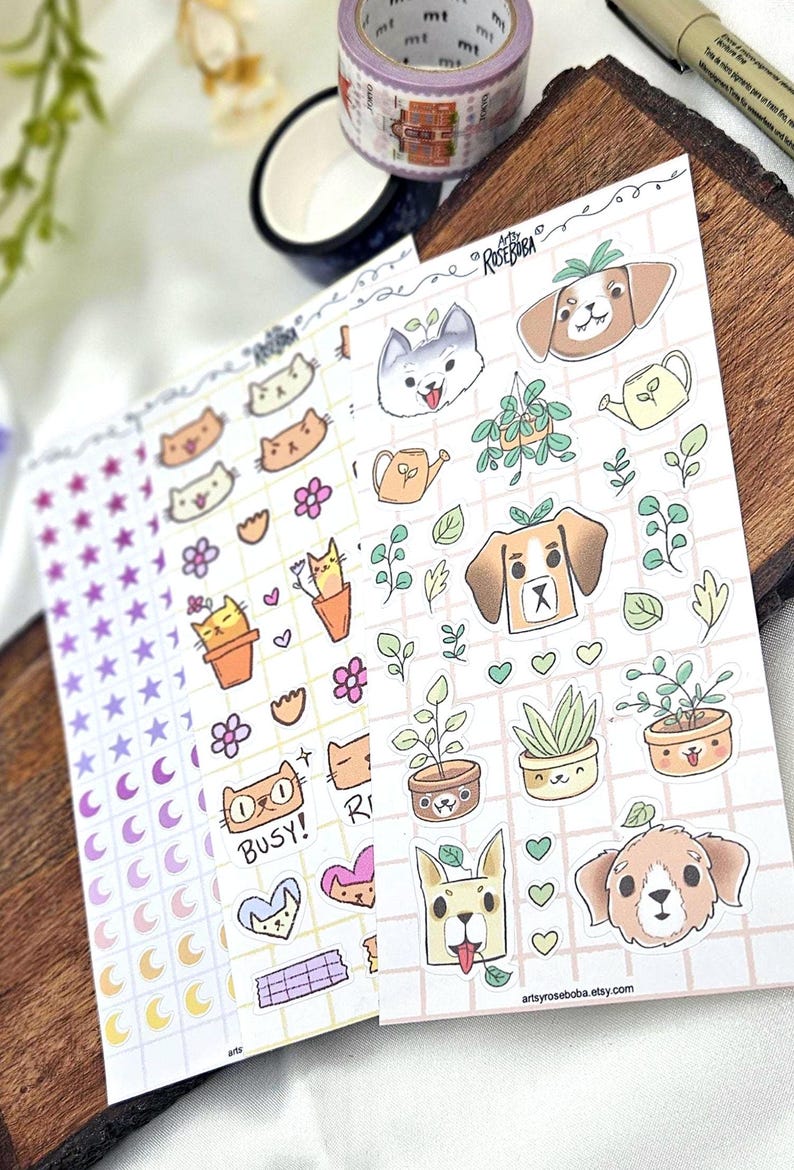 Cute Sticker Sheets | Kawaii Planner Stickers | Moon & Star, Cat, Dog ...