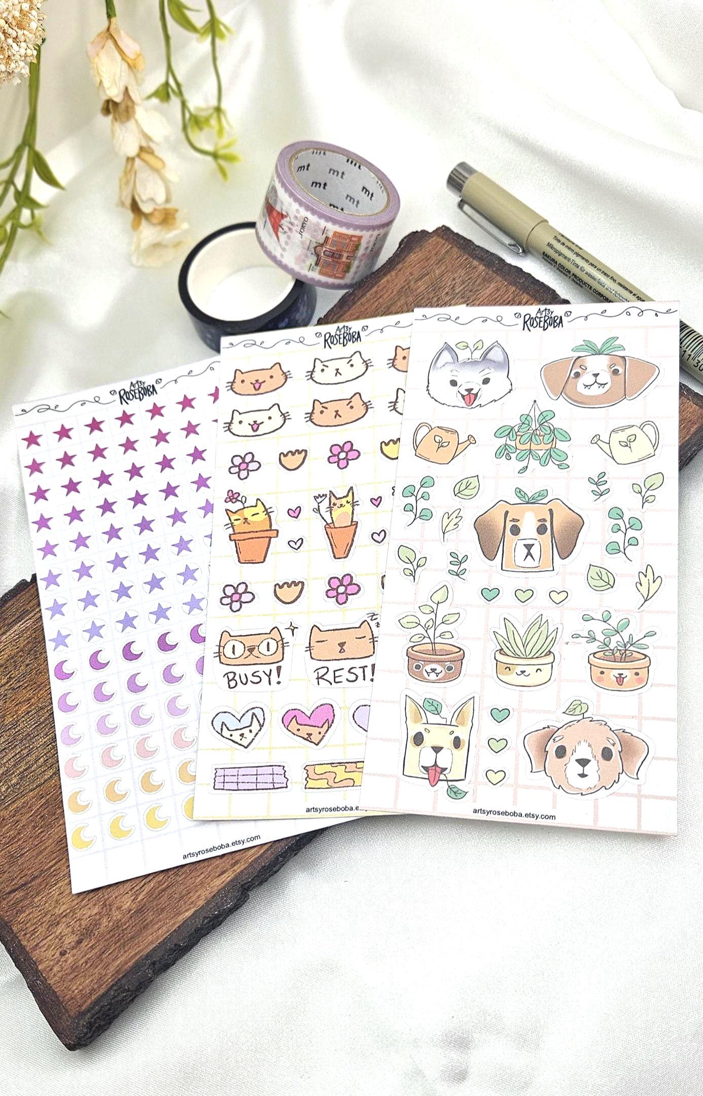 Cute Sticker Sheets | Kawaii Planner Stickers | Moon & Star, Cat, Dog ...
