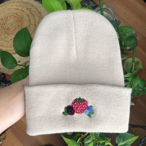 Hand-Embroidered Beanie, "I Heart You Berry Much" beanie; Hand-Stitched Original Design