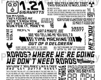 May include: Black and white graphic print featuring iconic quotes and scenes from the movie Back to the Future. The print includes the DeLorean time machine, the clock tower, and the iconic quote "1.21 Gigawatts".