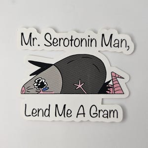 Sad Possum Sticker – “Mr. Serotonin Man, Lend Me a Gram”