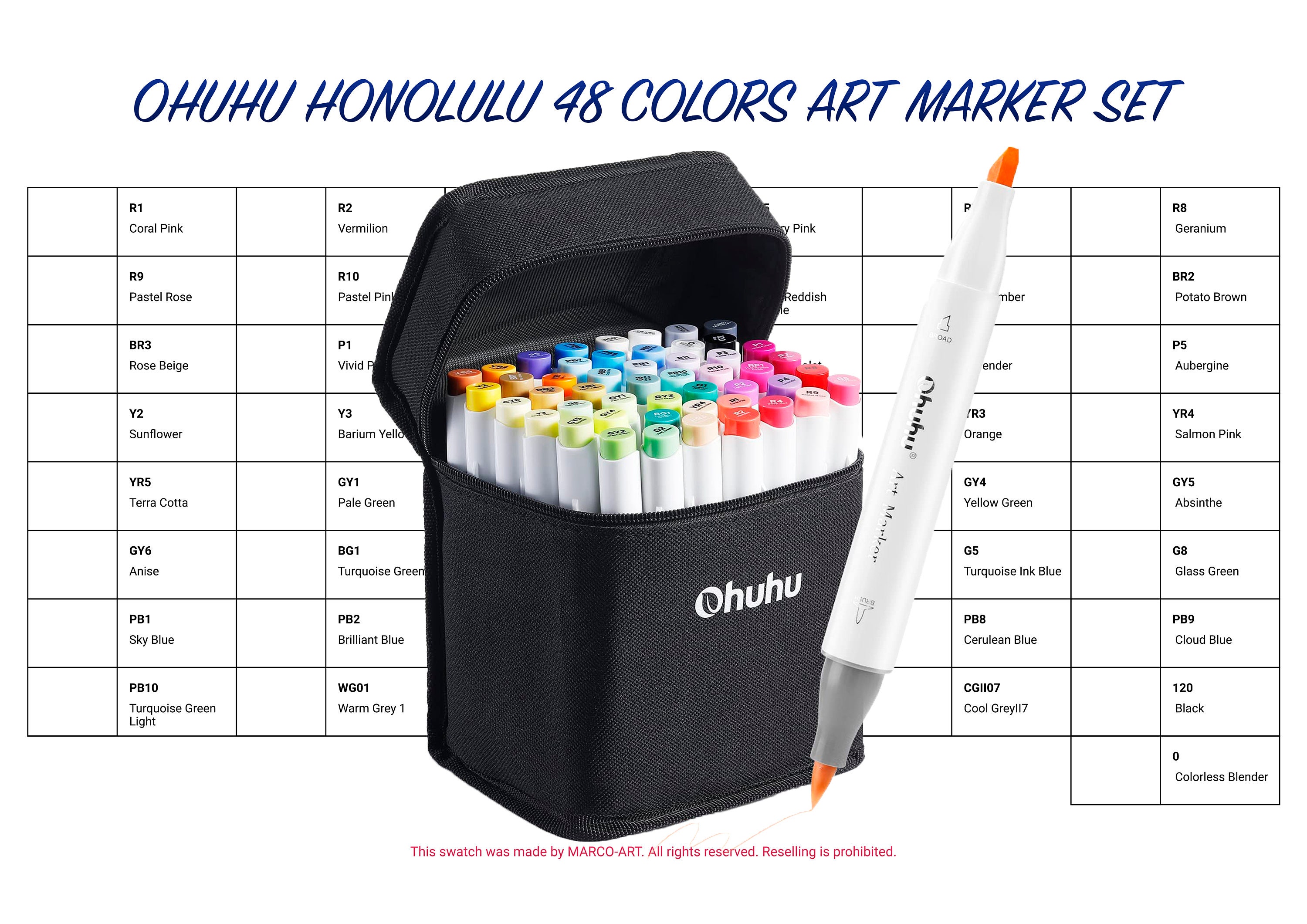 Ohuhu Honolulu 48 Colors Art Marker Set Swatch Template