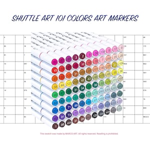May include: A set of 101 Shuttle Art alcohol-based markers arranged in a cube shape. The markers are color-coded and numbered, with a grid showing the color arrangement. The text "Shuttle Art 101 Colors Art Markers" is displayed above the cube.