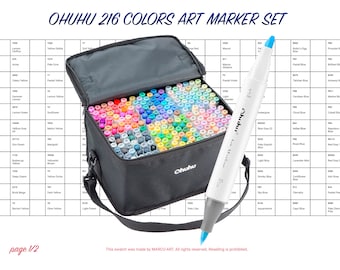Digital PDF Ohuhu Honolulu 216 Colors Art Marker Set Swatch Template | DIY Double Page Color Swatch | Printable Template | Instant Download
