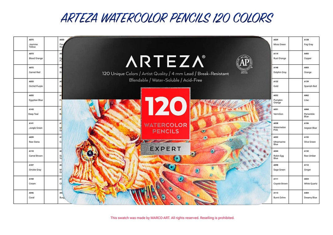 Arteza Watercolor Pencils 120 Colors Swatch Template DIY Single Page