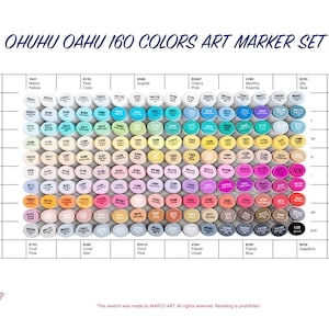 May include: A color chart showing 160 different colors of markers in a grid pattern. The markers are arranged in rows by color family, with each row labeled with a color name and a code. The chart is labeled "OHUHU OAHU 160 COLORS ART MARKER SET" and "page 1/2".