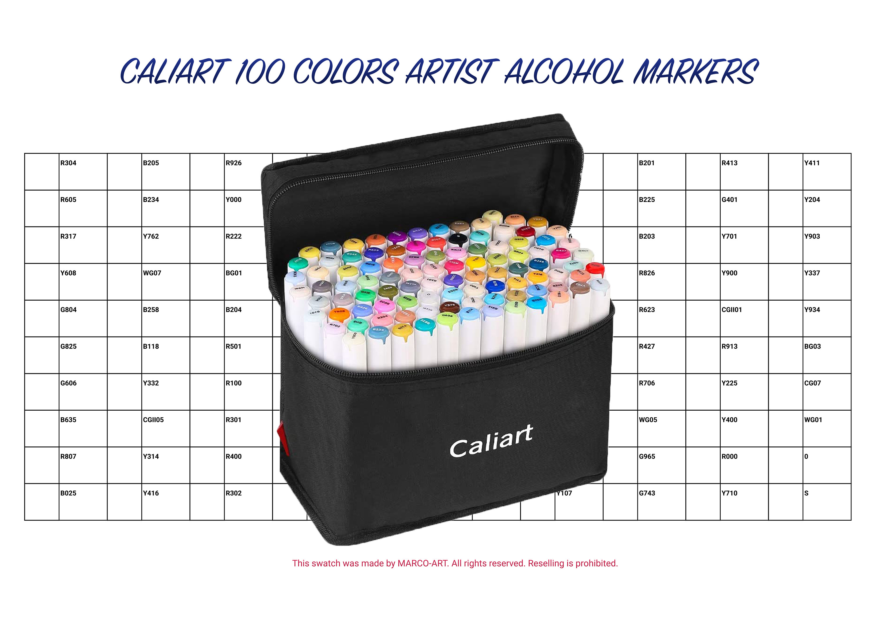 Caliart 100 Colors Artist Alcohol Markers Swatch Template DIY Single