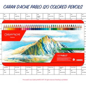 May include: A set of 120 Caran d'Ache Pablo colored pencils, displayed with a color swatch chart. The pencils are arranged above a box featuring a mountain landscape illustration. The text "CARAN D'ACHE PABLO 120 COLORED PENCILS" is at the top.