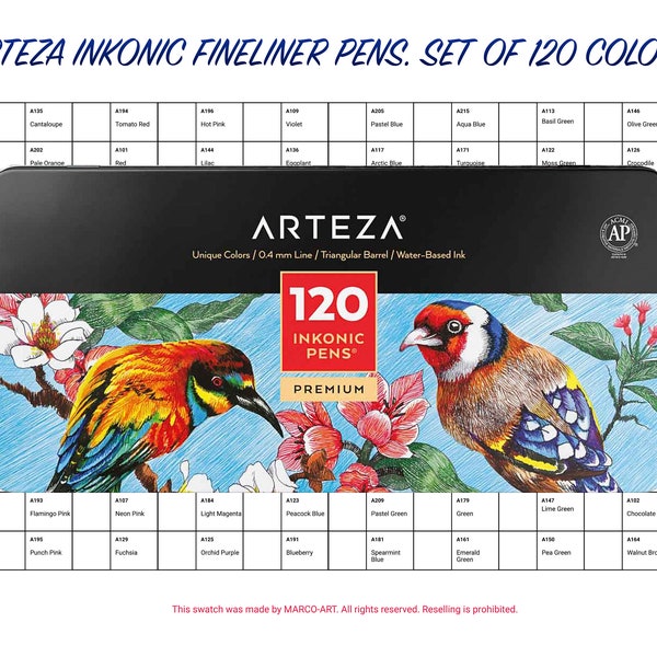 Arteza Inkonic Fineliner Pens 120 Colors Swatch Template | DIY Single Page Color Swatch | Printable Digital PDF Template | Instant Download