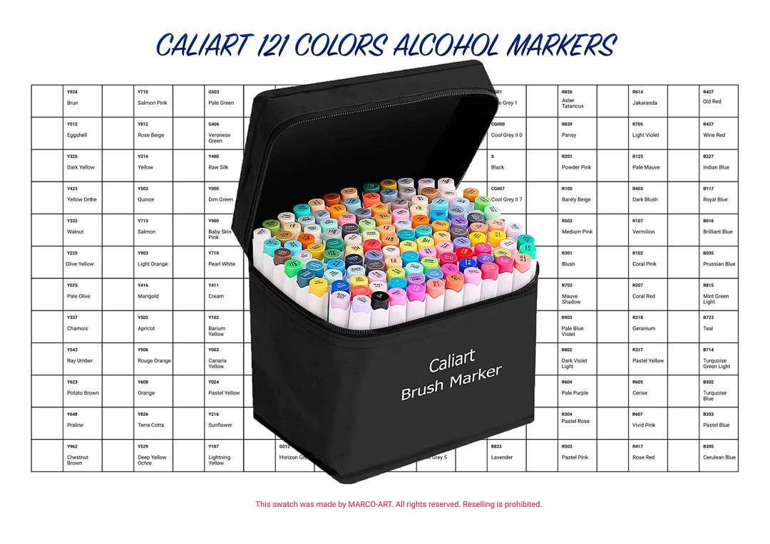Digital PDF Caliart 121 Colors Artist Alcohol Markers Swatch Template Digital PDF Caliart 121 Colors Artist Alcohol Markers Swatch Template