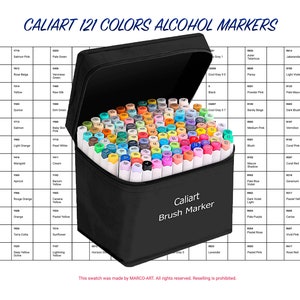 May include: A black carrying case filled with 121 colorful alcohol markers. The markers are arranged neatly, with their color-coded tips visible. The case has the text "Caliart Brush Marker" on the front. A color chart is displayed to the side.