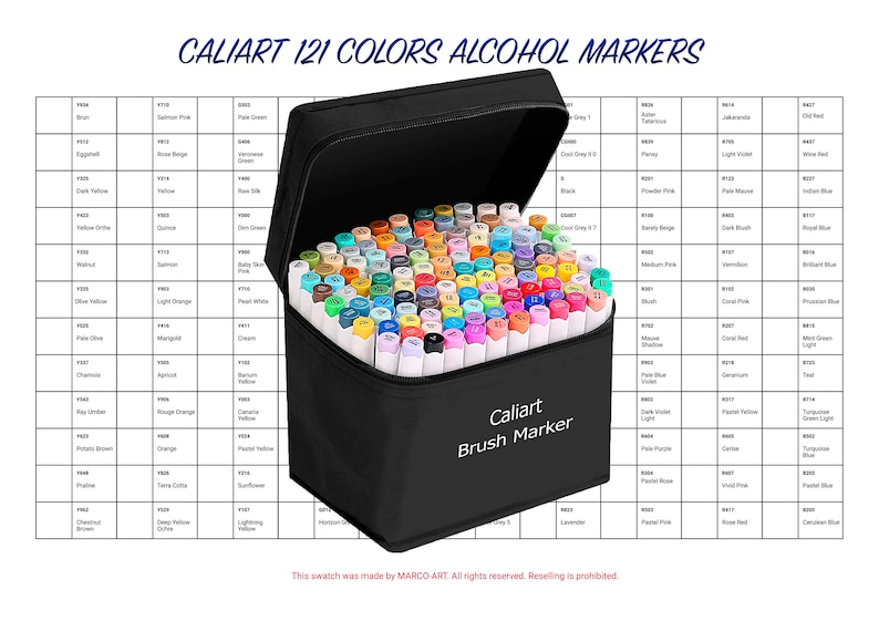 Digital pdf caliart 121 colors artist alcohol markers swatch template