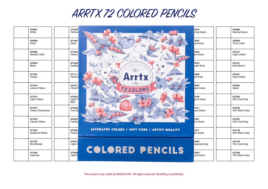 Arrtx 72 Colored Pencils Swatch Template DIY Single Page Color Swatch