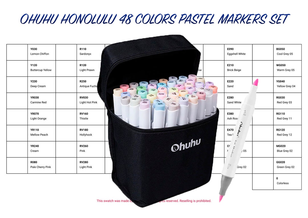 Ohuhu Honolulu 48 Colors Pastel Markers Swatch Template DIY Single Page
