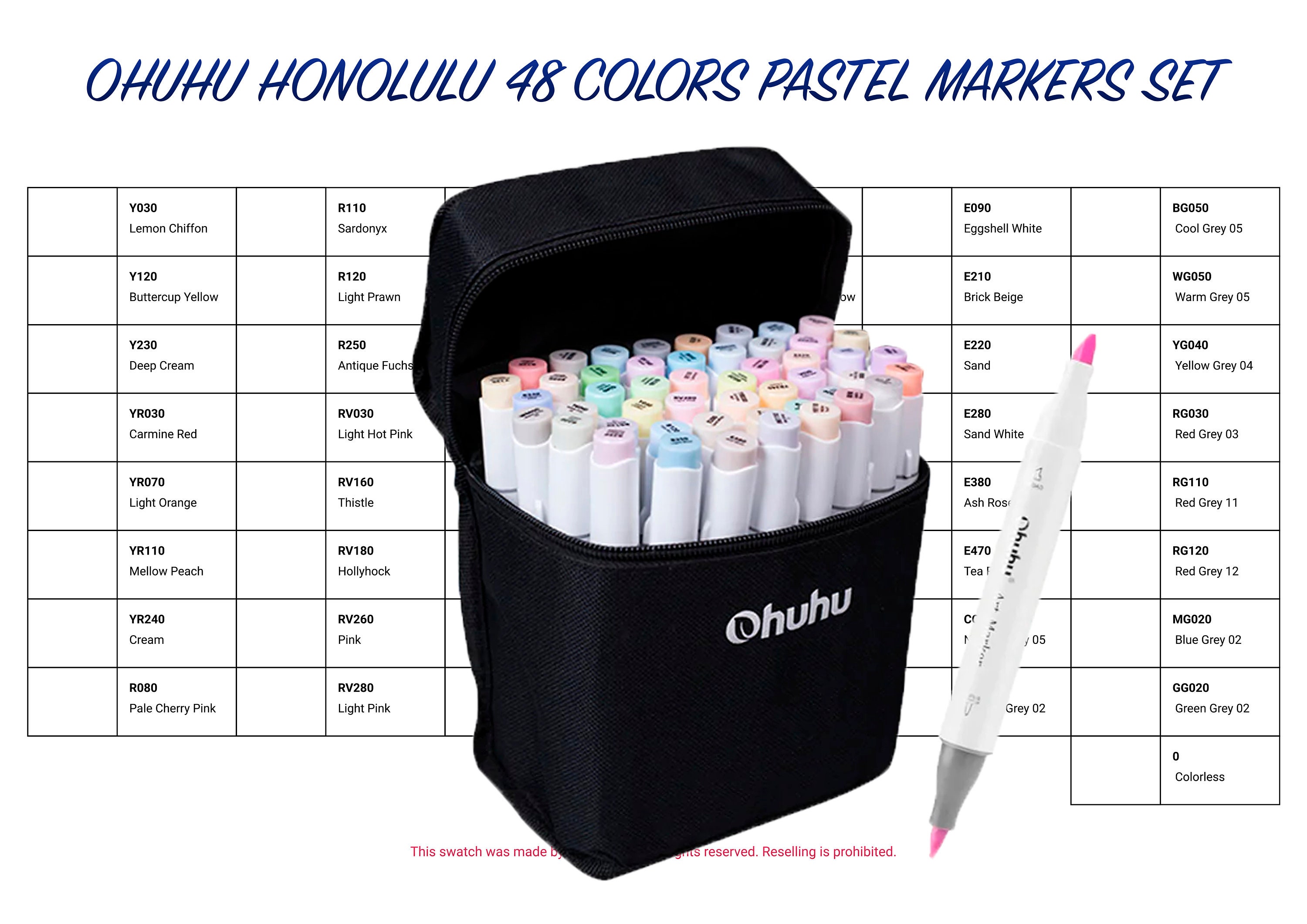 Ohuhu Honolulu 48 Colors Pastel Markers Swatch Template DIY Single