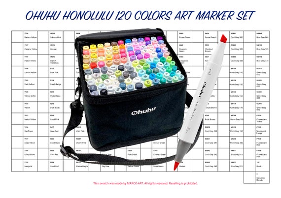 Digital PDF Ohuhu Honolulu 120 Colors Art Marker Set Swatch