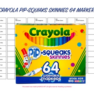 May include: A box of 64 Crayola Pip-Squeaks Skinnies washable markers. The box is yellow with a red, white, and blue design. The markers are arranged in rows and are labeled with their colors. The text on the box reads "Crayola Pip-Squeaks Skinnies 64 Washable Markers Small Size Big Color!"