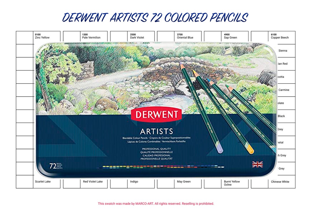 Derwent Artists 72 Colored Pencils Swatch Template DIY Single Page