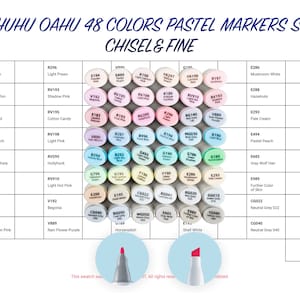 Könnte beinhalten: Ein Set mit 48 Pastellmarkern, die in einem Raster mit Farbmustern und Namen angeordnet sind. Die Marker sind mit Farbcodes und Namen beschriftet, wie z. B. "Deep Cream", "Light Prawn", "Shadow Pink" und "Cotton Candy". Die Marker sind in einem Raster mit weißem Hintergrund angeordnet. Der Text "OHUHU OAHU 48 COLORS PASTEL MARKERS SET CHISEL & FINE" befindet sich oben im Raster.