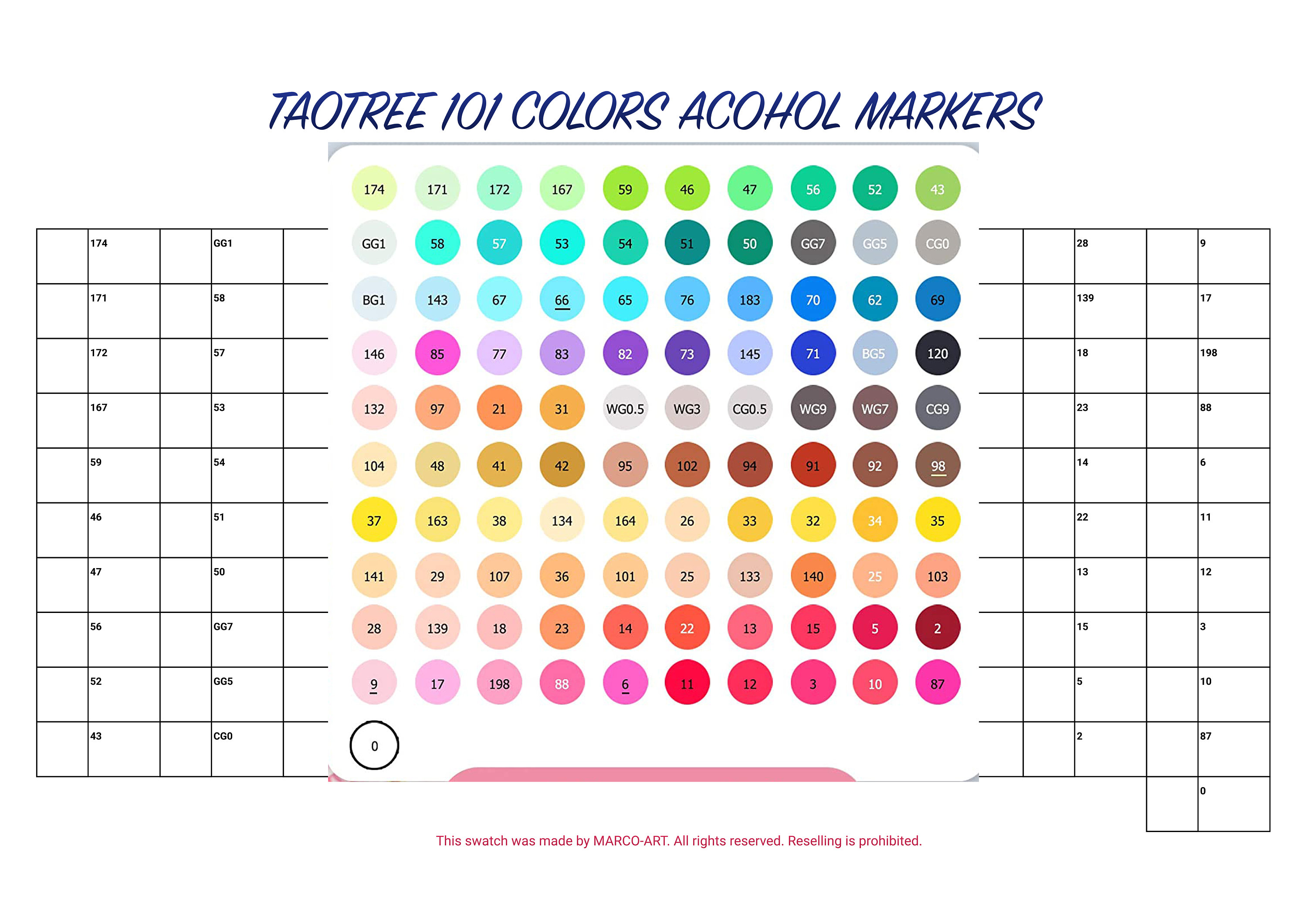 Swatching of the 101 Caliart Brush Tip Alcohol Markers 