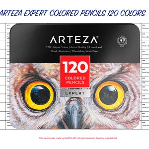 May include: A close-up of a tin box containing 120 Arteza Expert Coloured Pencils. The box features an owl's eye with yellow irises and a brown and white feathered pattern. The text on the box reads "120 Coloured Pencils Expert".
