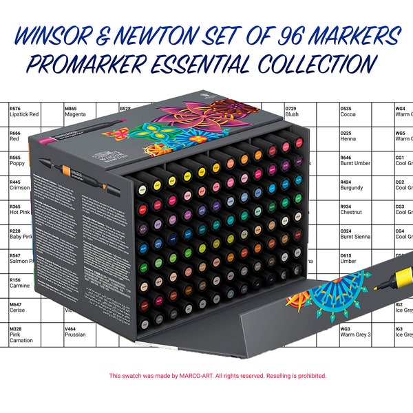 Winsor & Newton Set of 96 Markers, Promarker Swatch Template | DIY Single Page Color Swatch/Chart | Printable Digital PDF | Instant Download