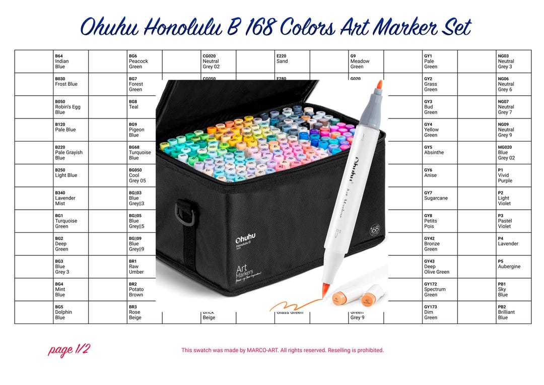 Digital PDF Ohuhu Honolulu B 168 Colors Art Marker Set Swatch Template ...