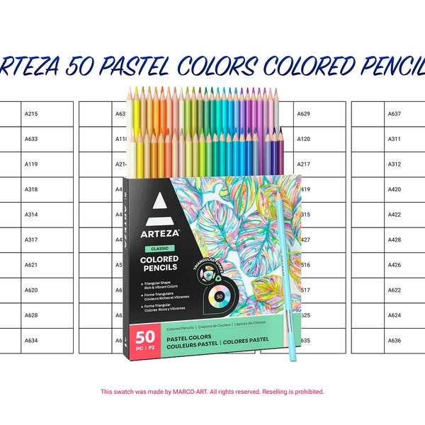 Arteza 50 Pastel Colors Colored Pencils Swatch Template | DIY Single Page Color Swatch | Printable Digital PDF Template | Instant Download