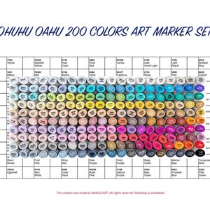 Może przedstawiać: Zestaw 200 markerów artystycznych w różnych kolorach, ułożonych w rzędach i kolumnach. Markery są oznaczone nazwami kolorów i numerami. Tekst "OHUHU OAHU 200 COLORS ART MARKER SET" znajduje się w górnej części obrazu. Tekst "page 1/2" znajduje się w lewym dolnym rogu obrazu. Tekst "This swatch was made by MARCO-ART. All rights reserved. Reselling is prohibited." znajduje się w prawym dolnym rogu obrazu.