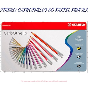 May include: A box of 60 Stabilo CarbOthello chalk pastel pencils. The box is red and white with a silver label that says "CarbOthello". The pencils are arranged in a semi-circle around the label. The pencils are a variety of colors, including red, orange, yellow, green, blue, purple, and brown.