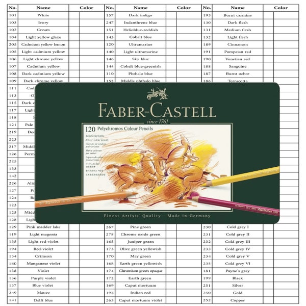Faber Castell Polychromos 120 Buntstifte Swatch Template | DIY Farbmuster | Druckbare Digitale PDF-Vorlage | Sofort Download