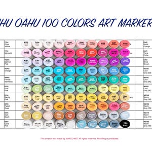May include: A set of 100 alcohol-based art markers in a variety of colors, including yellow, orange, red, pink, purple, blue, green, brown, and gray. The markers are arranged in a grid on a white background. The text "OHUHU OAHU 100 COLORS ART MARKER SET" is at the top of the image.