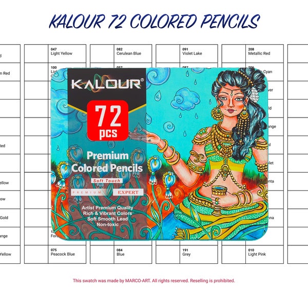 Kalour 72 Colored Pencils Swatch Template | DIY Single Page Color Swatch/Chart | Printable Digital PDF Template | Instant Download