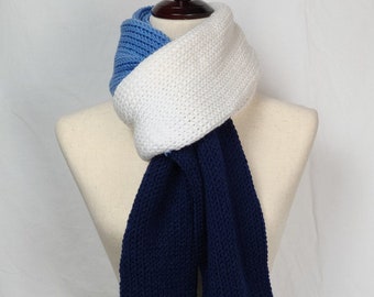 Cozy Knit Scarf Color Block Navy Blue Light Blue White