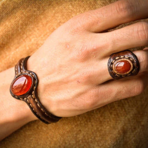 Jewelry Set with Natural Red Agate Stone, Handcrafted Genuine Leather Jewellery, Bracelet-ring with a stoneMother Day Gift