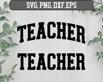 May include: A digital design file for a printable graphic that says "TEACHER" twice, once in a larger font size and once in a smaller font size. The text is in a bold, blocky font style.