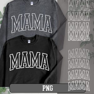 Puede incluir: Dos sudaderas con la palabra "MAMA" impresa en blanco en la parte delantera. La sudadera de la izquierda es gris oscuro y la sudadera de la derecha es negra. La palabra "MAMA" se repite varias veces en blanco en el lado derecho de la imagen.