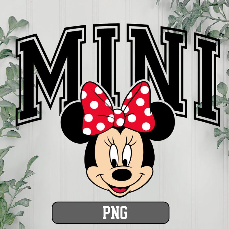 K&ouml;nnte beinhalten: Grafik mit dem Wort "MINI" in schwarzer Schrift im College-Stil &uuml;ber einem Cartoon-Bild von Minnie Mouse. Minnie Mouse hat eine rote Schleife mit wei&szlig;en Tupfen. Das Bild enth&auml;lt auch den Text "PNG" in einem grauen Rechteck.