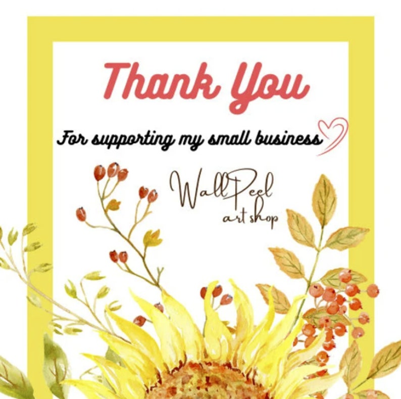 Puede incluir: Gracias por apoyar mi peque&ntilde;o negocio &hearts; Wall Peel art shop. Ilustraci&oacute;n de acuarela de un girasol con bayas rojas y hojas sobre un fondo blanco.