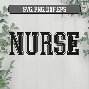 May include: Black and white graphic design of the word "NURSE" in a bold, blocky font style. The letters have a thick outline.